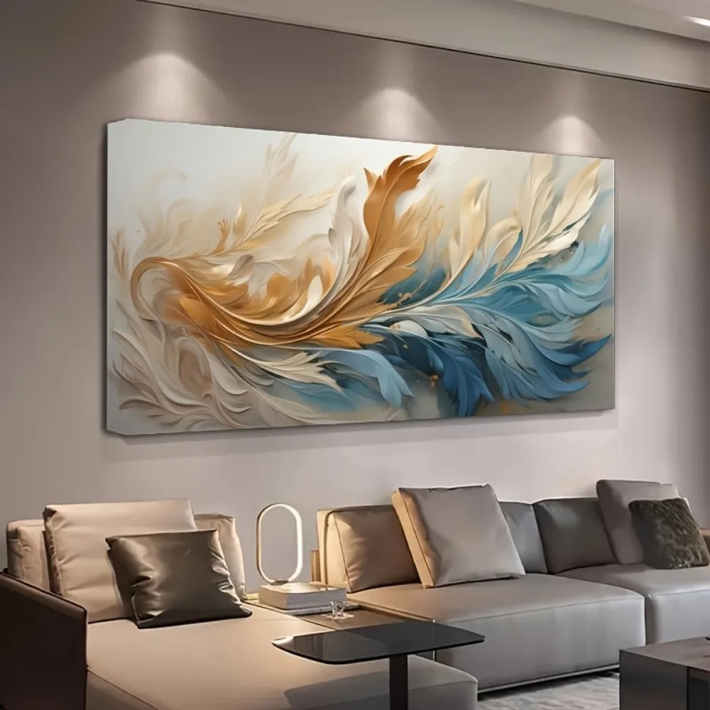 Modern Abstract Gold Blue Feather Canvas Art