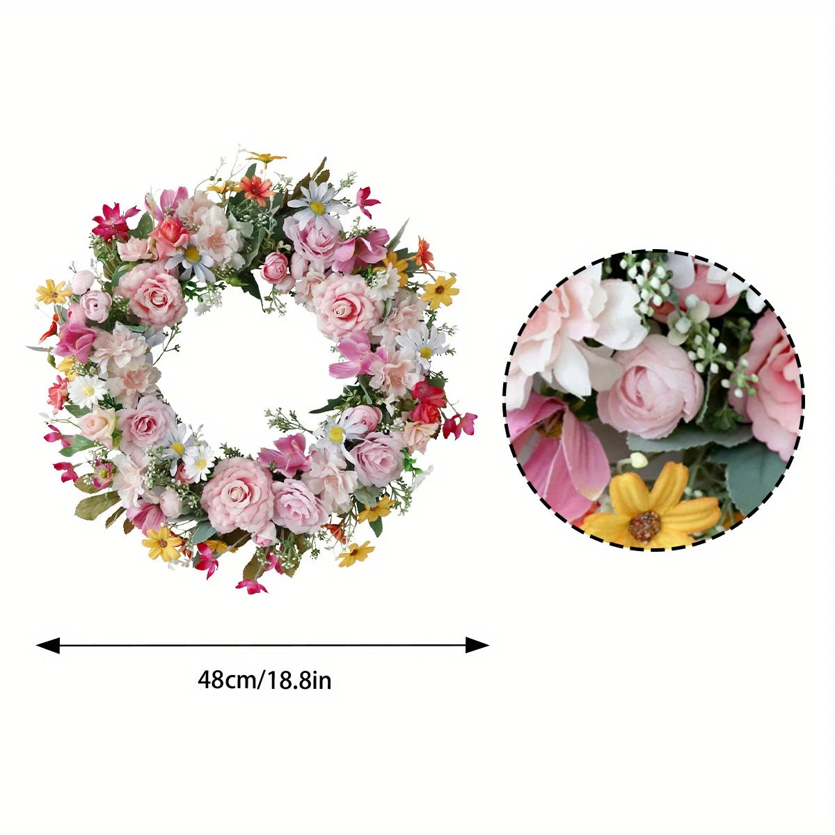 Spring Artificial Daisy Pink Peony Wreath 18.8Inch Wildflower Spring Summer Silk Wreaths for Front Door Home Wall