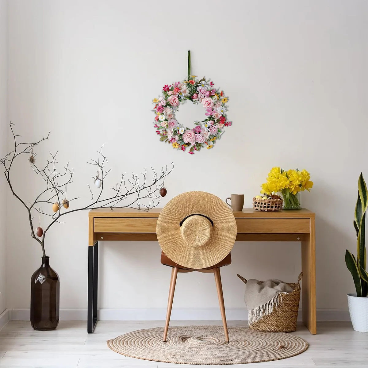 Spring Artificial Daisy Pink Peony Wreath 18.8Inch Wildflower Spring Summer Silk Wreaths for Front Door Home Wall
