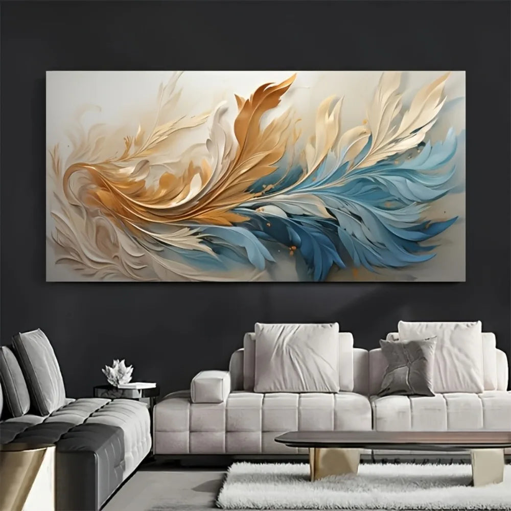 Modern Abstract Gold Blue Feather Canvas Art