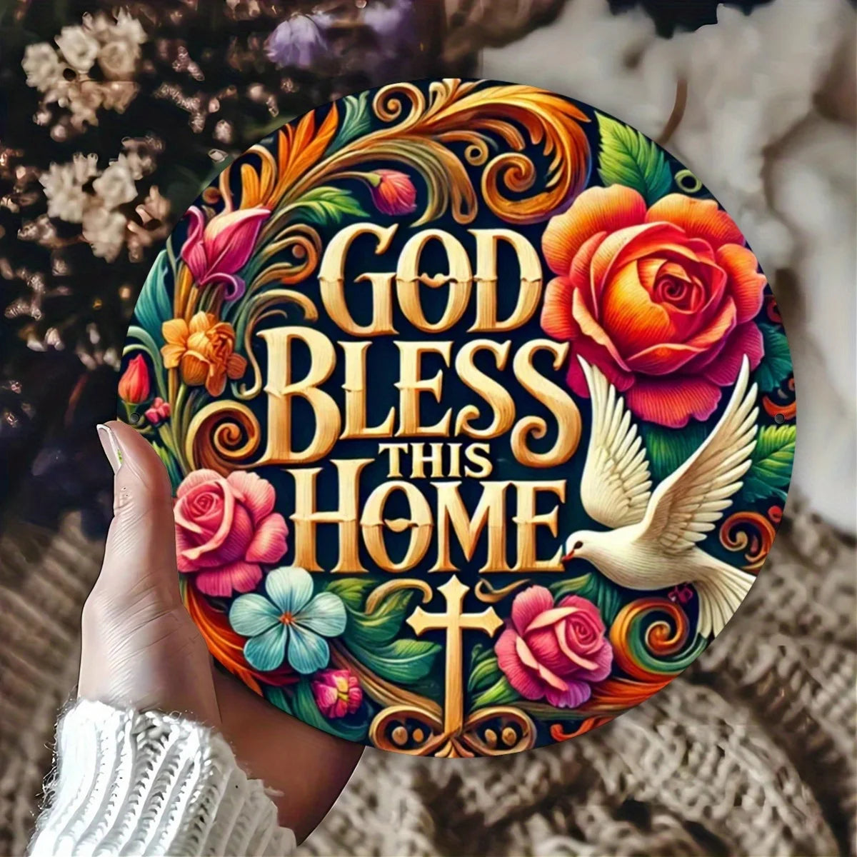 One Piece "May God Bless This Home" Metal Sign, Round Aluminum Wall Art, 8x8 Inch Decor for Bar, Cafe, Kitchen