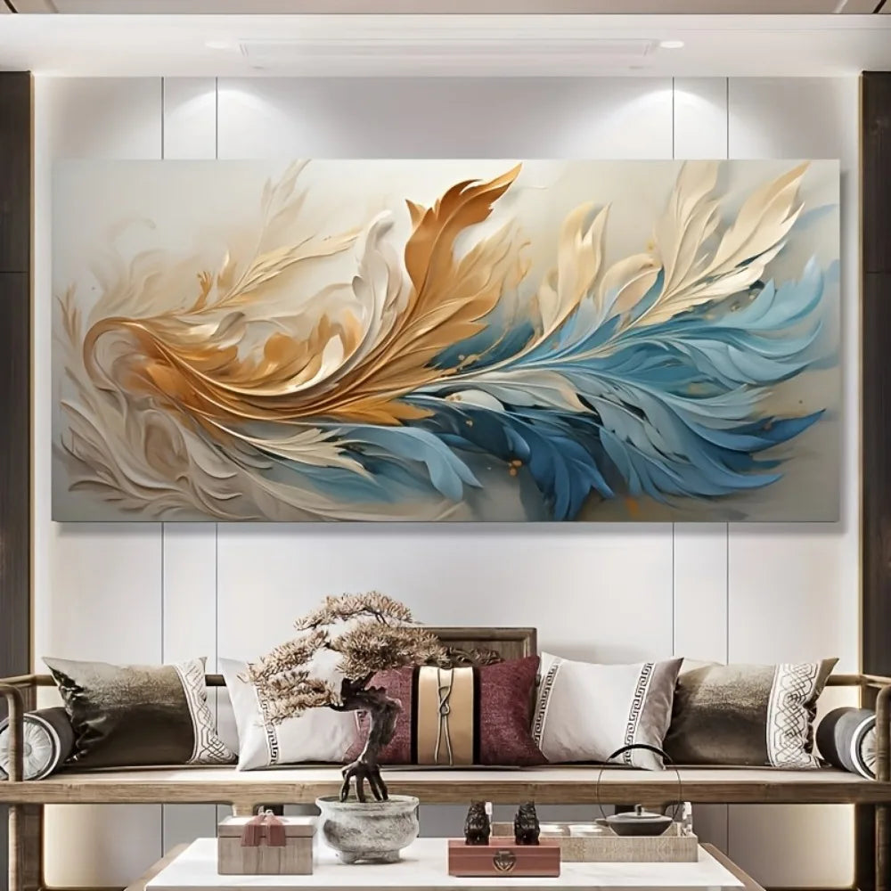 Modern Abstract Gold Blue Feather Canvas Art