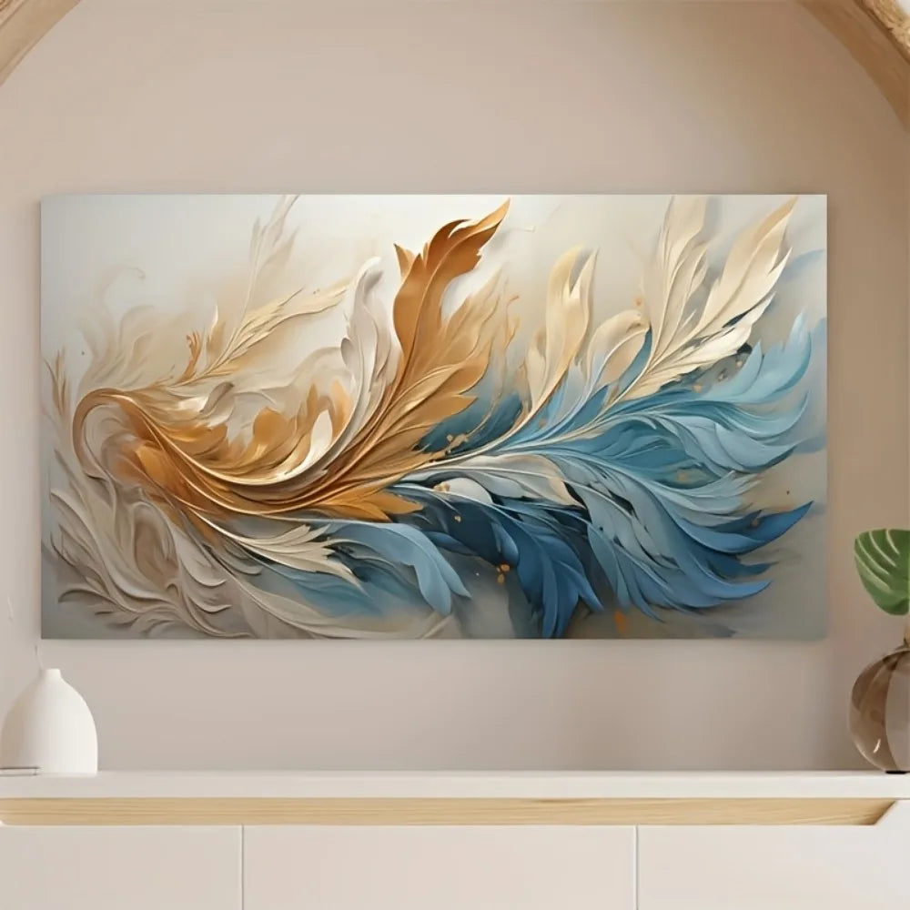 Modern Abstract Gold Blue Feather Canvas Art