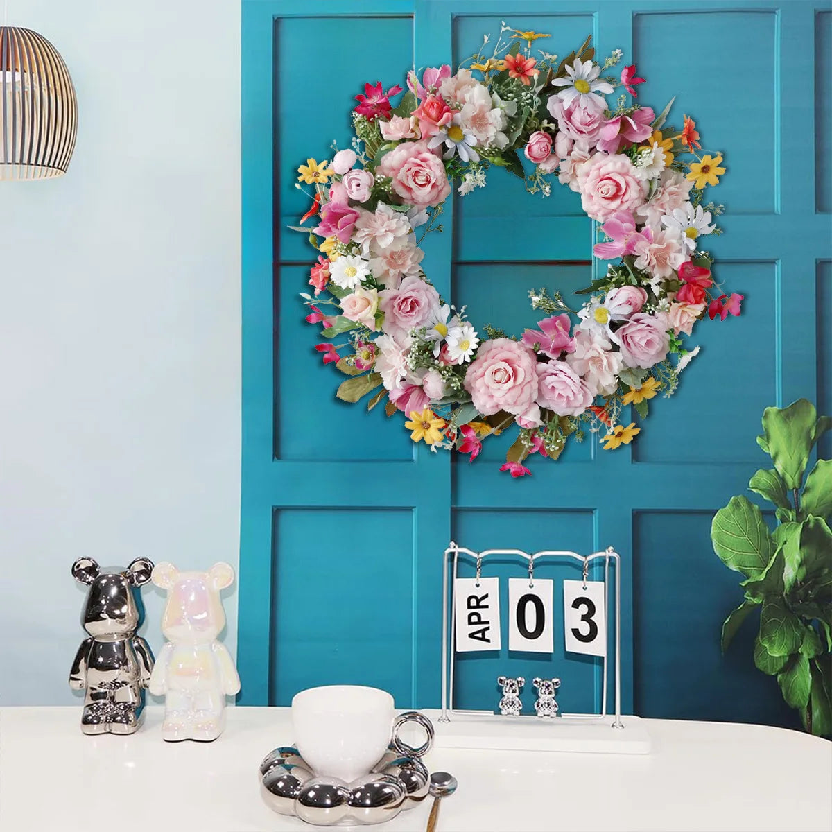 Spring Artificial Daisy Pink Peony Wreath 18.8Inch Wildflower Spring Summer Silk Wreaths for Front Door Home Wall
