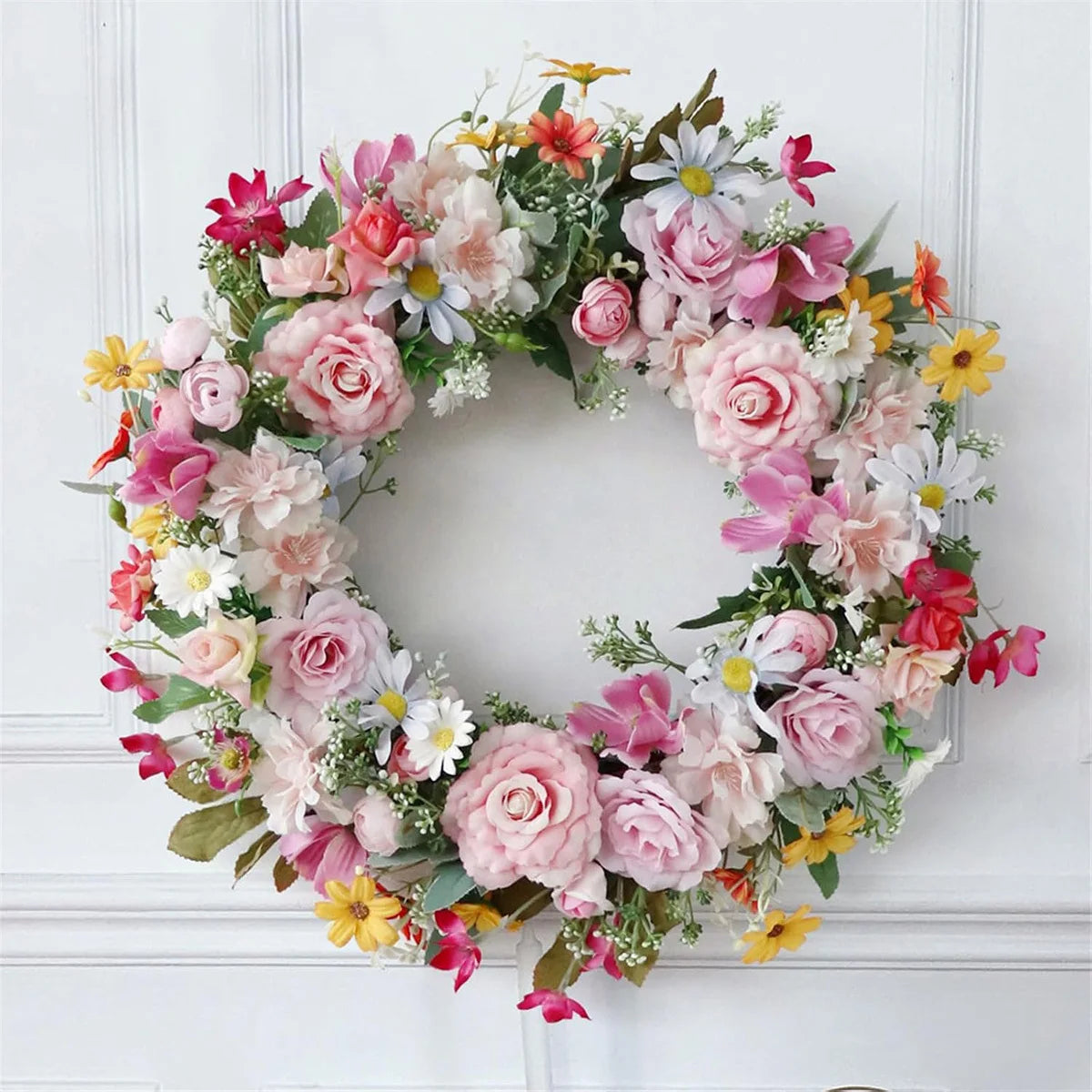 Spring Artificial Daisy Pink Peony Wreath 18.8Inch Wildflower Spring Summer Silk Wreaths for Front Door Home Wall