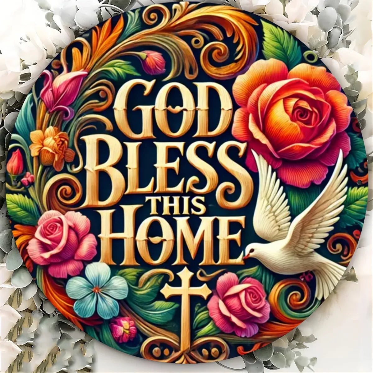 One Piece "May God Bless This Home" Metal Sign, Round Aluminum Wall Art, 8x8 Inch Decor for Bar, Cafe, Kitchen