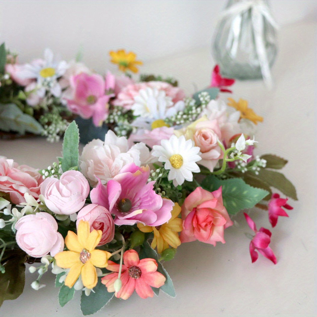 Spring Artificial Daisy Pink Peony Wreath 18.8Inch Wildflower Spring Summer Silk Wreaths for Front Door Home Wall