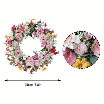 Spring Artificial Daisy Pink Peony Wreath 18.8Inch Wildflower Spring Summer Silk Wreaths for Front Door Home Wall