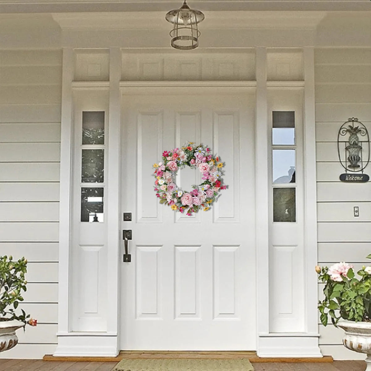 Spring Artificial Daisy Pink Peony Wreath 18.8Inch Wildflower Spring Summer Silk Wreaths for Front Door Home Wall