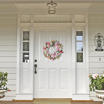 Spring Artificial Daisy Pink Peony Wreath 18.8Inch Wildflower Spring Summer Silk Wreaths for Front Door Home Wall
