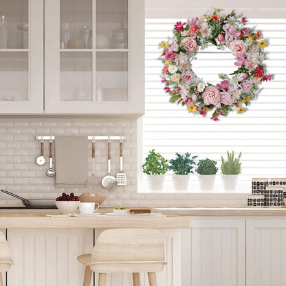 Spring Artificial Daisy Pink Peony Wreath 18.8Inch Wildflower Spring Summer Silk Wreaths for Front Door Home Wall