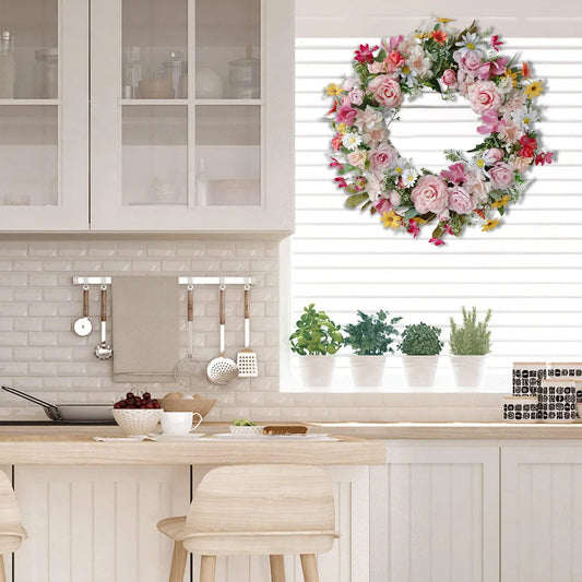 Spring Artificial Daisy Pink Peony Wreath 18.8Inch Wildflower Spring Summer Silk Wreaths for Front Door Home Wall
