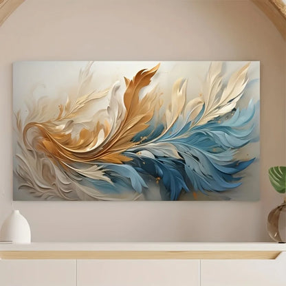 Modern Abstract Gold Blue Feather Canvas Art
