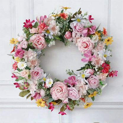 Spring Artificial Daisy Pink Peony Wreath 18.8Inch Wildflower Spring Summer Silk Wreaths for Front Door Home Wall
