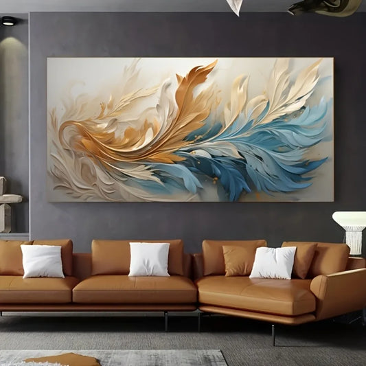 Modern Abstract Gold Blue Feather Canvas Art