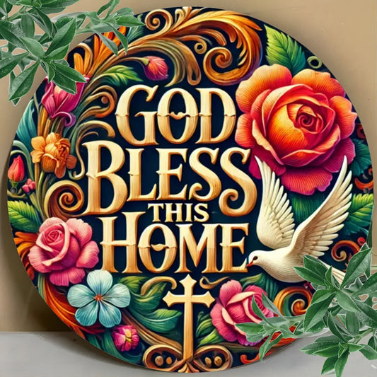 One Piece "May God Bless This Home" Metal Sign, Round Aluminum Wall Art, 8x8 Inch Decor for Bar, Cafe, Kitchen