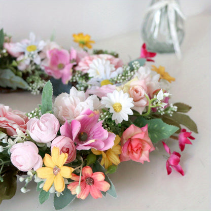 Spring Artificial Daisy Pink Peony Wreath 18.8Inch Wildflower Spring Summer Silk Wreaths for Front Door Home Wall